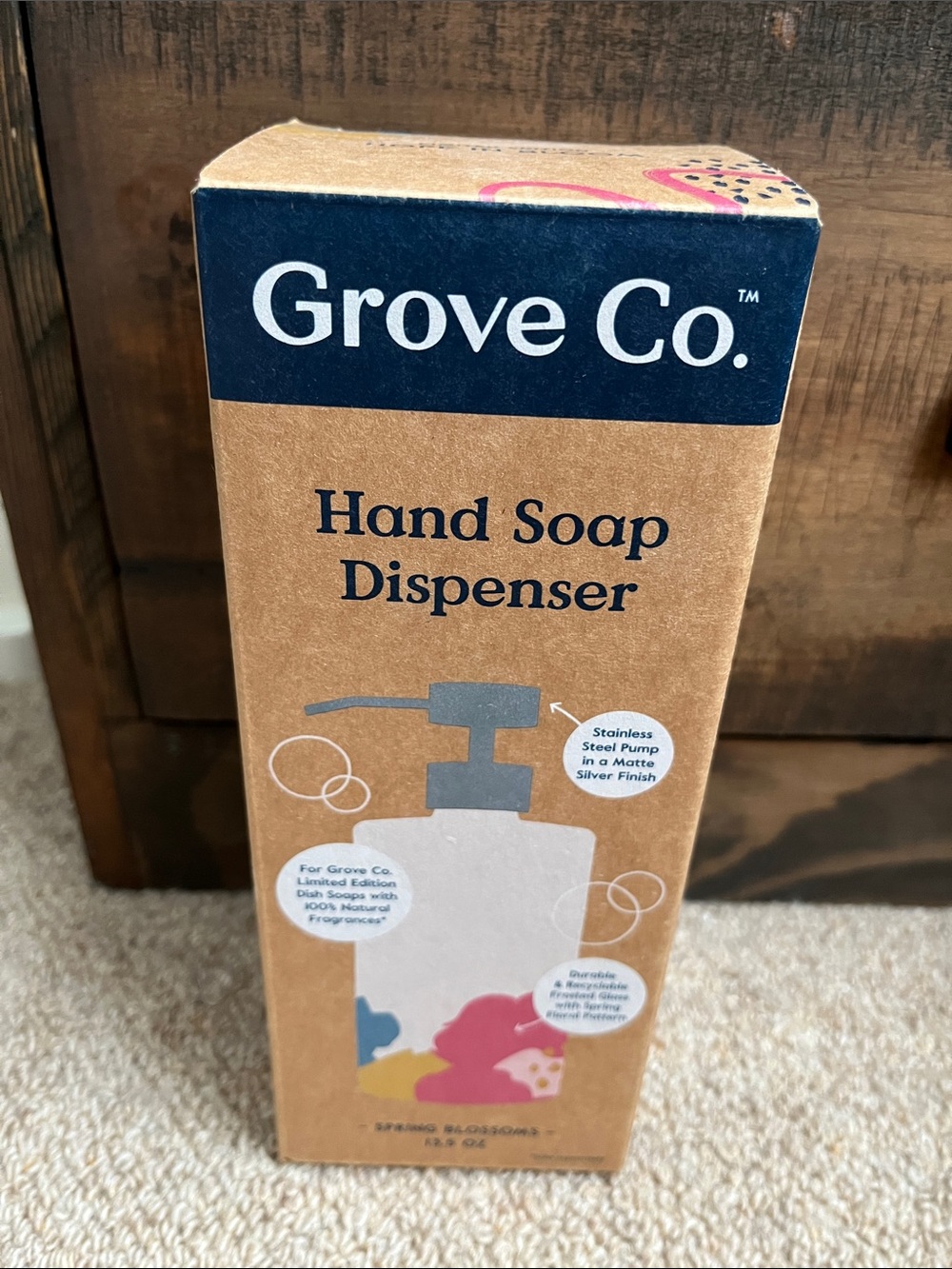 New - Grove Co. Floral Glass Hand Soap Dispenser - Clear with Brushed Silver